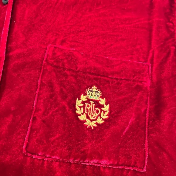 LAUREN Ralph Lauren Red Velvet Blouse Silk Blend Small Petite Gold Logo Crest - Picture 6 of 9